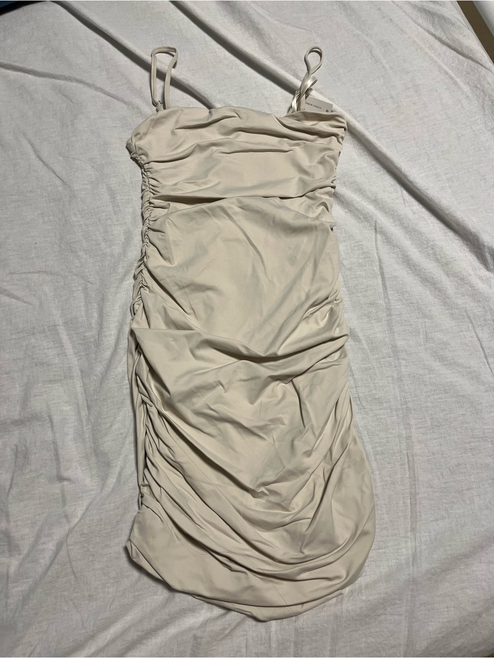 RD Style Cream Ruched Spaghetti Strap Mini Dress